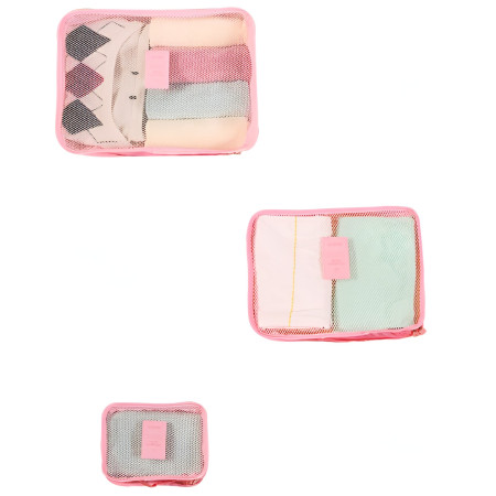 Set 6 Genți de Calatorie,  pentru Depozitare, Impermeabile, Organizator, Multifuncționale, Design cu Plasa, Pliabile, Fermoar, Dimensiuni Diferite, Roz