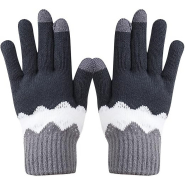 Manusi de Dama,  Model Ondulat, Functie Touchscreen (ecran tactil), Material Acril Tricotat, Manseta Elastica, Interior Catifelat, Marime Universala, Gri/Alb