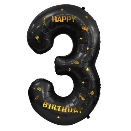 Balon din Folie Metalizata Cyrax, Figurina Cifra, Scris Happy Birthday, Tema Aniversare 100 cm, Ambalaj Individual, Pai inclus, Umflare cu Aer sau Heliu, Negru, Cifra 3