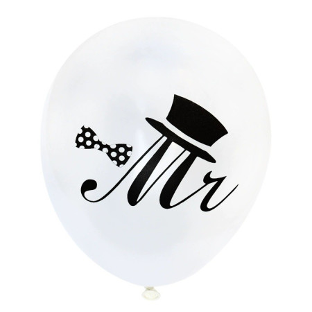 Set 10 Baloane din Latex, Cyrax, Model Party Casatorie, Mr&Mrs Just Married, 2.8 g, 30 cm, Alb/Negru