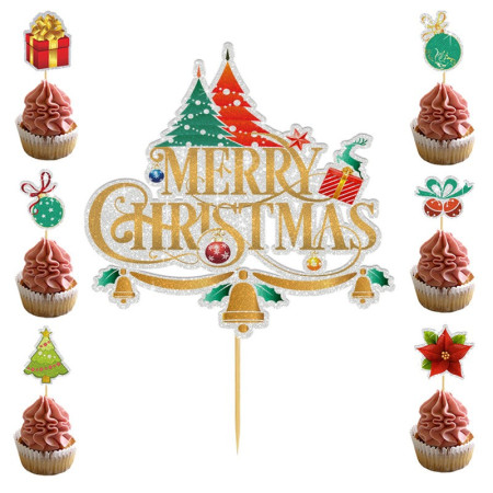 Set Toppere pentru Tort si Prajituri, Cyrax, Tematica Craciun, Model Mare Scris Merry Christmas 15.5x14.3 cm, 6 Toppere Mici Modele Variate 5x5 cm, Multicolor