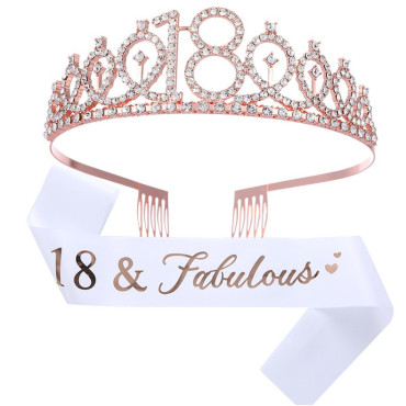Set 2 Piese pentru Majorat, Cyrax, 15 x 13 x 5 cm, Coronita Printesa Rose si Panglica 18&Fabulous, Alb