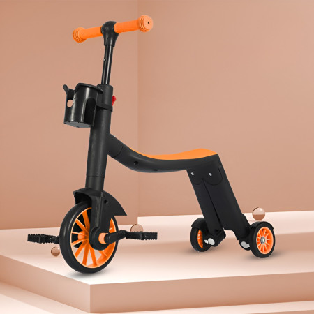 Bicicleta 8 in 1, Cyrax, Transformabila, Multifunctionala, Reglare Inaltime, cu Maner de Impingere Detasabil, Tricicleta, Trotineta, 3 Roti, Pedale, Cosulet, 3-6 Ani, Portocaliu