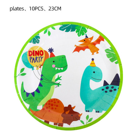 Set 10 Farfurii de Carton Happy Birthday, Cyrax, 23 cm, Tematica Aniversare, Model Dinozauri, Multicolor