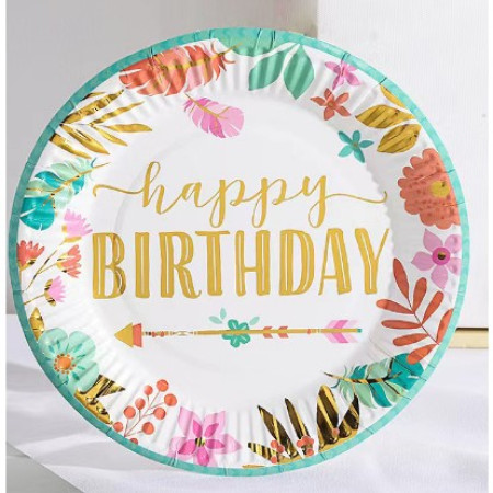 Set 10 Farfurii Unica Folosinta, Cyrax, Imprimeu Happy Birthday Frunze, din Carton, Diametru 18 cm, Multicolor