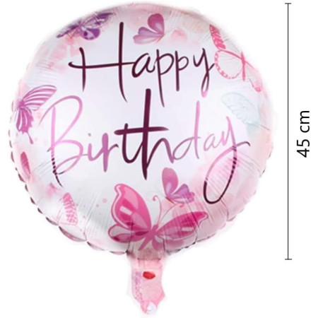 Balon din Folie Metalizata, Cyrax, Mini Figurina Rotunda, Model Happy Birthday Fluturasi, Tema Aniversare, 45 cm, Ambalaj Individual, Pai inclus, Umflare cu Aer sau Heliu, Roz