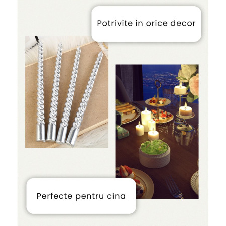 Set 4 Lumanari pentru Masa, Cina, Decor,  Model Rasucit, Lungime 25 cm, Albastru