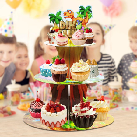 Etajera pentru Prajituri, Cyrax, din Carton, 3 Nivele, 16/22/29 cm Diametru, Inaltime 38 cm, Tema Dinozauri, Multicolor