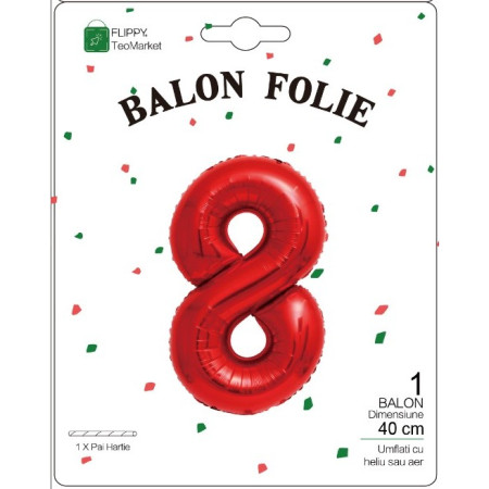 Balon din Folie Metalizata Cyrax, Figurina Cifra, Tema Aniversare 40 cm, Ambalaj Individual, Pai inclus, Umflare cu Aer sau Heliu, Rosu, Cifra 8