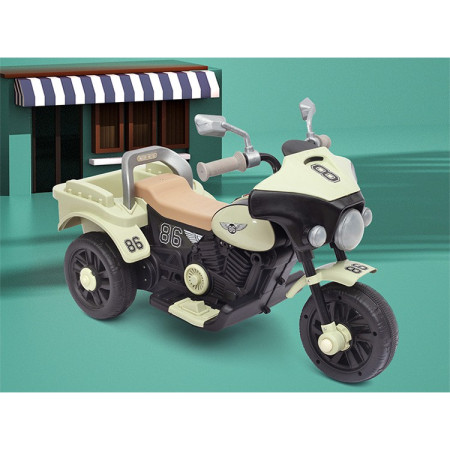 Motocicleta Electrica Cyrax, cu Acumulator, cu Sistem Anti-Rasturnare, Sistem de Lumini si Muzica, Cutie de Depozitare, 1-8 Ani, 93 x 43 x 58 cm, Alb - Bej