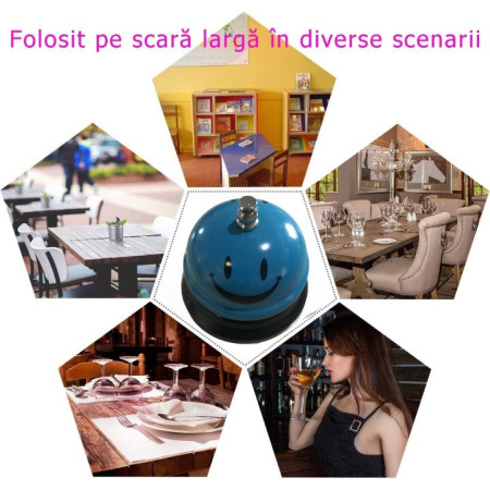 Clopotel Metalic Multifunctional, Cyrax, Albastru Deschis cu Imprimeu Smiley Face, 7.5x7.5x6.5 cm, Receptie, Restaurant