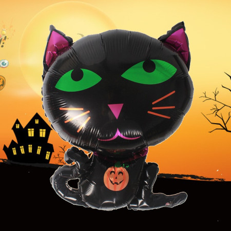Set 5 Baloane din Folie Metalizata, Cyrax, Figurine, Tema Halloween, Pai Inclus, Ambalaj Individual, Umflare cu Aer sau Heliu, Figurina Pisica 65x49 cm, Stelute si Cerculete 45 cm, Negru