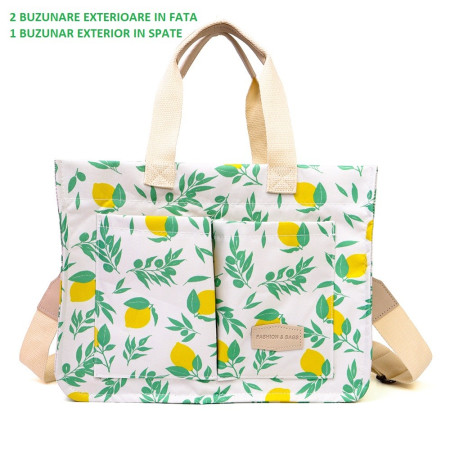 Geanta de Mana/Umar, Multifunctionala,  Inchidere cu Capsa, Imprimeu Lamai, Material Textil, 33.5 x 25 x 14.5 cm, Alb/Galben