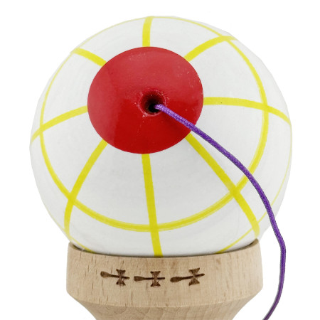 Kendama X Originala, Profesionala, Cyrax, Big Cups V2, Model Glob Super Sticky Legendary Cupe Mari, Rulment Metalic cu Ata 55 cm, Alb/Galben/Rosu