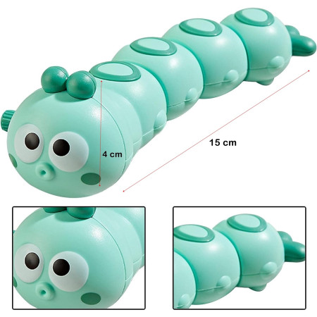 Jucarie mecanica pentru copii Cyrax, omida haioasa, cu cheita, distractiva, se taraste, se misca, 15 x 4 cm, verde