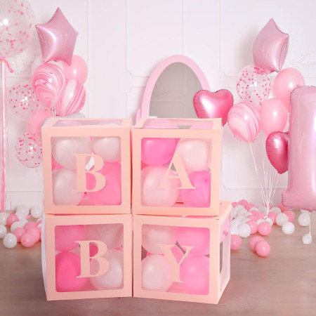 Set 4 Cutii pentru Baloane, Cyrax, Model Scris Baby, Tematica Iubire, Cuburi Decorative din Plastic, Accesorii pentru Petrecere, 30 x30 cm, Transparente Contur Roz