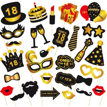 Set Accesorii pentru Petrecere, Cyrax, Props pentru Coltul de Poze, pentru Majorat, Aniversare 18 Ani, Ochelari, Palarii, Mustata, Cravata, pentru Evenimente, Multicolor