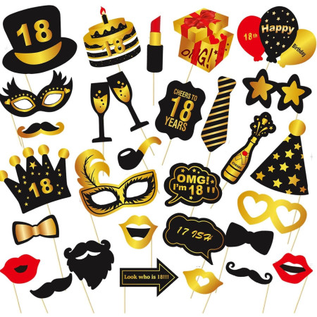 Set Accesorii pentru Petrecere, Cyrax, Props pentru Coltul de Poze, pentru Majorat, Aniversare 18 Ani, Ochelari, Palarii, Mustata, Cravata, pentru Evenimente, Multicolor