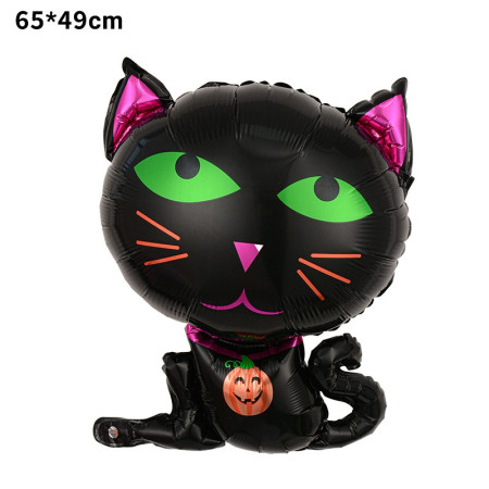Set 5 Baloane din Folie Metalizata, Cyrax, Figurine, Tema Halloween, Pai Inclus, Ambalaj Individual, Umflare cu Aer sau Heliu, Figurina Pisica 65x49 cm, Stelute si Cerculete 45 cm, Negru