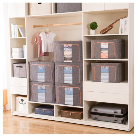 Cutie de Depozitare Pliabila,  24 L, din Bumbac si In, 40x30x20 cm, 2 Ferestre, Frontala si Laterala, 2 Usi de Acces cu Fermoar Bidirectional, Cadru Metalic, Suport Baza Stabil din Plastic, Gri