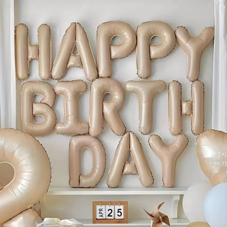 Set 25 de Baloane din Folie Metalizata si Latex, Cyrax, Figurine 2 Stele, 4 Baloane Confetti, 13 Litere, 6 Latex, Model Happy Birthday, Tema Aniversare, 40 cm, Ambalaj Individual, Pai Inclus, Umflare cu Aer sau Heliu, Bej