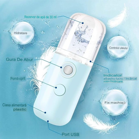 Spray de Hidratare Facială cu Tehnologie Nano, Cyrax, Hidratare, Igienizare, Abur Rece, Încărcare USB, Capacitate 30 mL, 10cm, Albastru