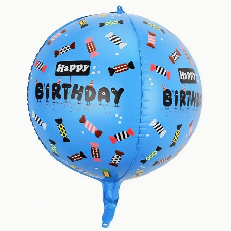 Balon din Folie Metalizata, Cyrax, Figurine 4D, Model Happy Birthday, Tematica Aniversara Bombonele, 63x24 cm, Ambalaj Individual, Pai Inclus, Umflare cu Aer sau Heliu, Albastru