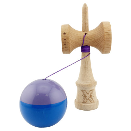 Kendama X Originala, Profesionala, Cyrax, Big Cups V2, Super Sticky cu Cupe Mari, Rulment Metalic, din lemn 18 cm, Ata 55 cm, Mov/Albastru