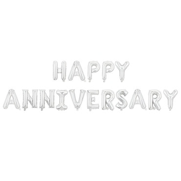 Set Baloane din Folie Metalizată, Cyrax, Model Happy Anniversary, Litere de 40 cm, Baloane Party, Ambalaj Individual, Pai inclus, Umflare cu Aer sau Heliu, Argintiu