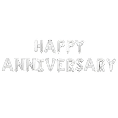 Set Baloane din Folie Metalizată, Cyrax, Model Happy Anniversary, Litere de 40 cm, Baloane Party, Ambalaj Individual, Pai inclus, Umflare cu Aer sau Heliu, Argintiu