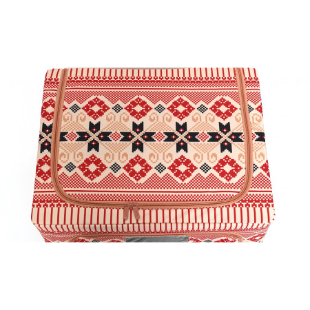 Cutie de Depozitare Pliabila, 100 L din Bumbac si In, 60X42X40 cm, Fereastra Frontala, 2 Usi de Acces cu Fermoar Bidirectional, Cadru Metalic, Suport Baza Stabil din Plastic, Motiv Traditional Model 1