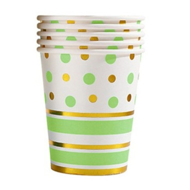 Set 10 Pahare, Cyrax, Imprimeu cu Buline si Dungi, din Carton, 250 ml, 7.5 x 8.5 x 5.2 cm, Verde/Auriu