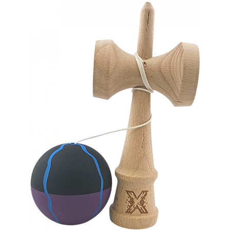 Kendama X Originala, Profesionala, Cyrax, din Lemn, Rubber Grip, 18 cm, Negru/Mov/Albastru