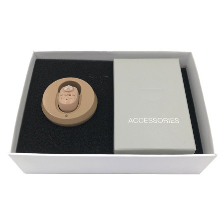 Aparat Auditiv Intraauricular In-Ear, Cyrax, Amplificator de sunet pentru Auz, Minuscul Design Nou, 14 x 10 x 3.8 cm, 116 gr, Camel