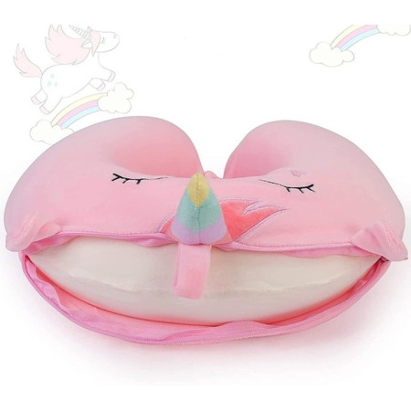 Perna de Calatorie in Forma de U,  Pentru Gat si Cap, Umplutura din Spuma cu Memorie, 30x30 cm, Model Unicorn, Accesoriu de Voiaj, Birou, Masina, Sistem Prindere Capse, Roz