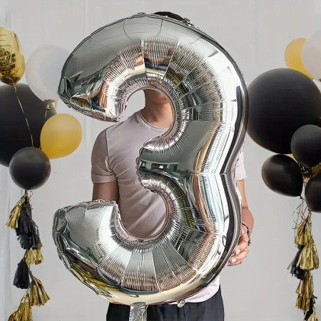 Balon din Folie Cyrax, Cifra 3, 81 cm, Pentru Aer sau Heliu, Bulk, Argintiu