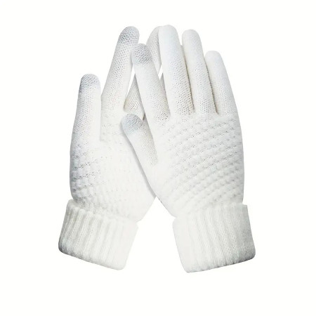 Manusi de Dama,  Functie Touchscreen (ecran tactil), Material Acril Tricotat, Manseta Elastica, Interior Catifelat, Marime Universala, Alb