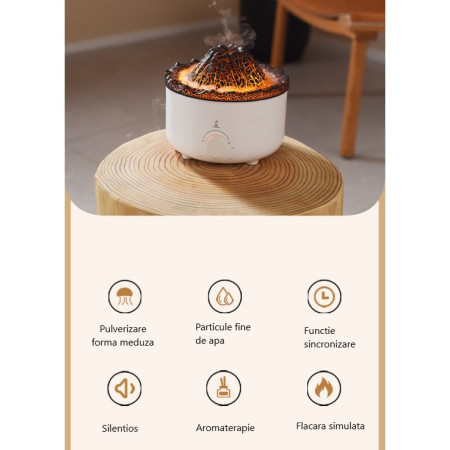 Umidificator de tip vulcan,  cu aromaterapie, cu telecomanda, 560 ml, model V21B, alb