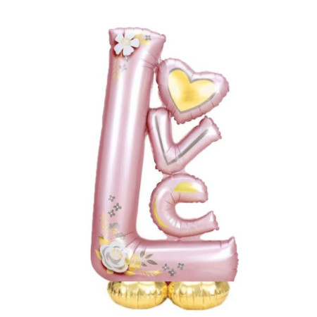 Balon din Folie Metalizata, Cyrax, Figurine, Model LOVE, Tematica Iubire, 110x64 cm, Ambalaj Individual, Pai Inclus, Umflare cu Aer sau Heliu, Roz Deschis
