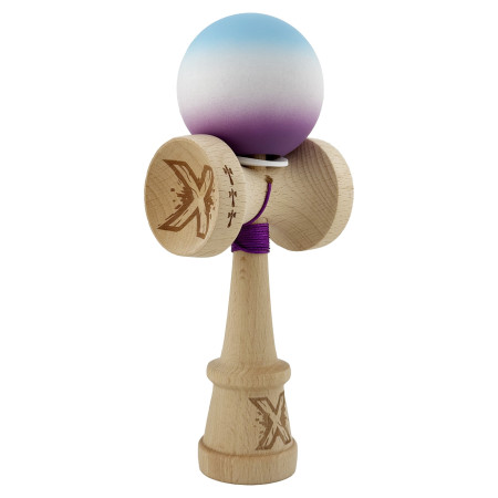 Kendama X Originala, Profesionala, Cyrax, Cupe Mari KING SIZE V3, Rubber Grip, Gaura in Baza, Rulment Metalic, din lemn 18 cm, Ata 62/65 cm, Gradient Albastru deschis/Alb/Mov