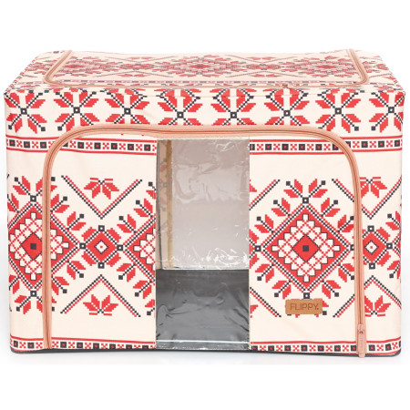 Cutie de Depozitare Pliabila, 100 L din Bumbac si In, 60X42X40 cm, Fereastra Frontala, 2 Usi de Acces cu Fermoar Bidirectional, Cadru Metalic, Suport Baza Stabil din Plastic, Motiv Traditional Model 2