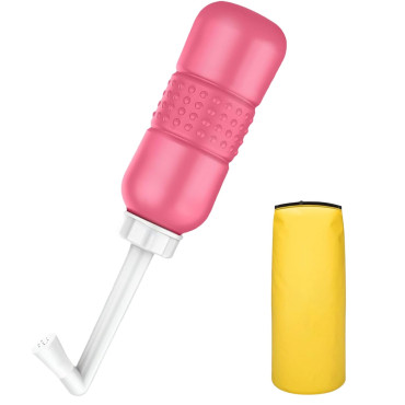 Bideu Portabil pentru Igiena Intima,  pentru Postpartum/ Postoperator, 450 mL, cu Capac si Husa Galbena, 29.5x7 cm, Culoare Recipient Roz