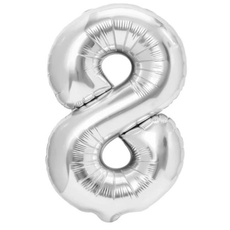 Balon din Folie Metalizata, Cyrax, Figurina Cifra, Tema Aniversare 80 cm, Ambalaj Individual, Pai inclus, Umflare cu Aer sau Heliu, Argintiu, Cifra 8