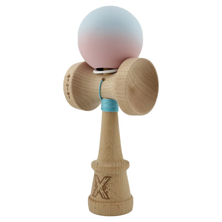 Kendama X Originala, Profesionala, Cyrax, Cupe Mari KING SIZE V3, Rubber Grip, Gaura in Baza, Rulment Metalic, din lemn 18 cm, Ata 62/65 cm, Gradient Albastru deschis/Roz