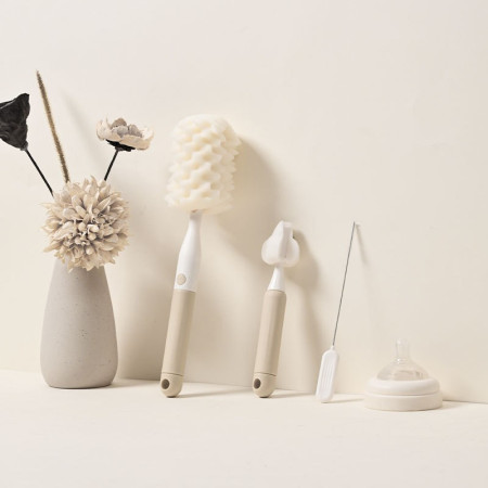 Set 3 Perii de Spalat Biberoane, Cyrax, pentru Tetina, Biberon, Pai, Materiale Sigure, fara BPA, Curatare 360°, Bej