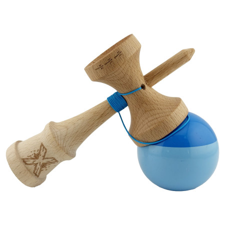 Kendama X Originala, Profesionala, Cyrax, Big Cups V2, Super Sticky cu Cupe Mari, Rulment Metalic, din lemn 18 cm, Ata 55 cm, Albastru/Bleu
