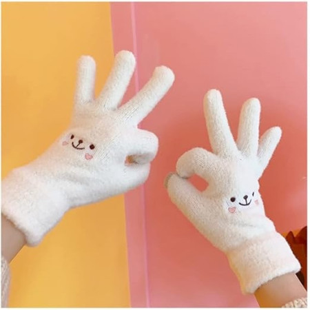 Manusi Dama,  Model Fata Zambitoare, Functie Touchscreen (ecran tactil), Material Lana Brodata, Manseta Elastica, Interior Pufos, Marime Universala, Alb