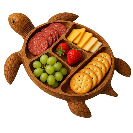 Platou pentru Servire, Cyrax, in Forma de Broasca Testoasa, 3 Compartimente pentru Mezeluri, Branzeturi, Snacksuri, Fructe, Design Artistic, din Lemn Masiv, 24 x 24 x 3 cm, Maro