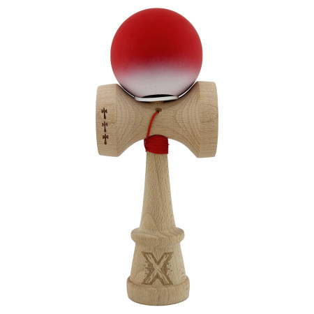 Kendama X Originala, Profesionala, Cyrax, Cupe Mari KING SIZE V3, Rubber Grip, Gaura in Baza, Rulment Metalic, din lemn 18 cm, Ata 62/65 cm, Gradient Rosu/Alb