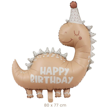 Balon din Folie Metalizata, Cyrax, Figurina Animata, Model Dinozaur Happy Birthday, 80 x 77 cm, Ambalaj Individual, Pai Inclus, Umflare cu Aer sau Heliu, Maro